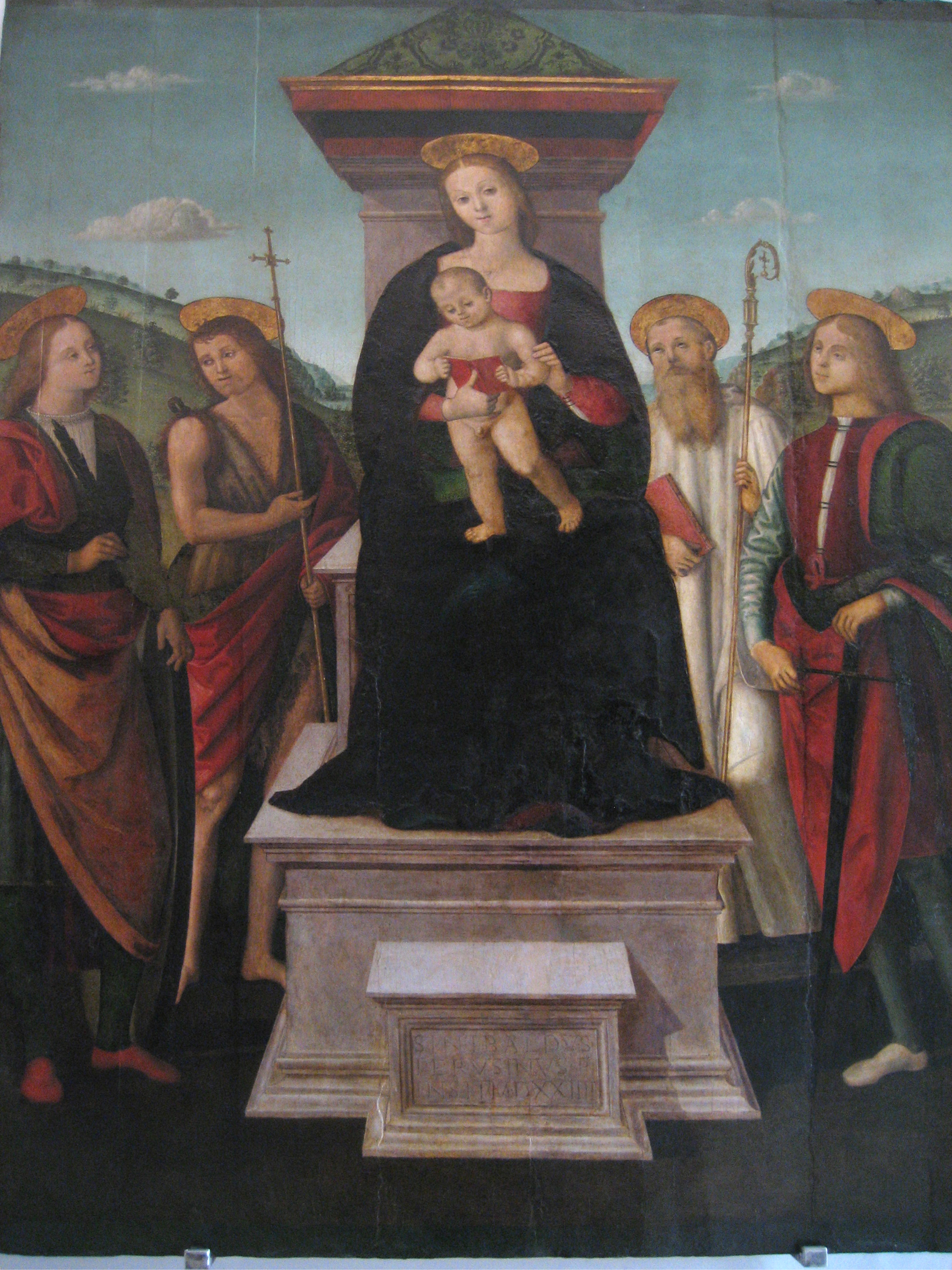 Sinibaldo Ibi, (1475ca.-1550ca.), Madonna in trono con il Bambino ed i Santi Secondo martire di Amelia, Giovanni Battista, Benedetto e Sebastiano [probabilmente S. Giuliano]