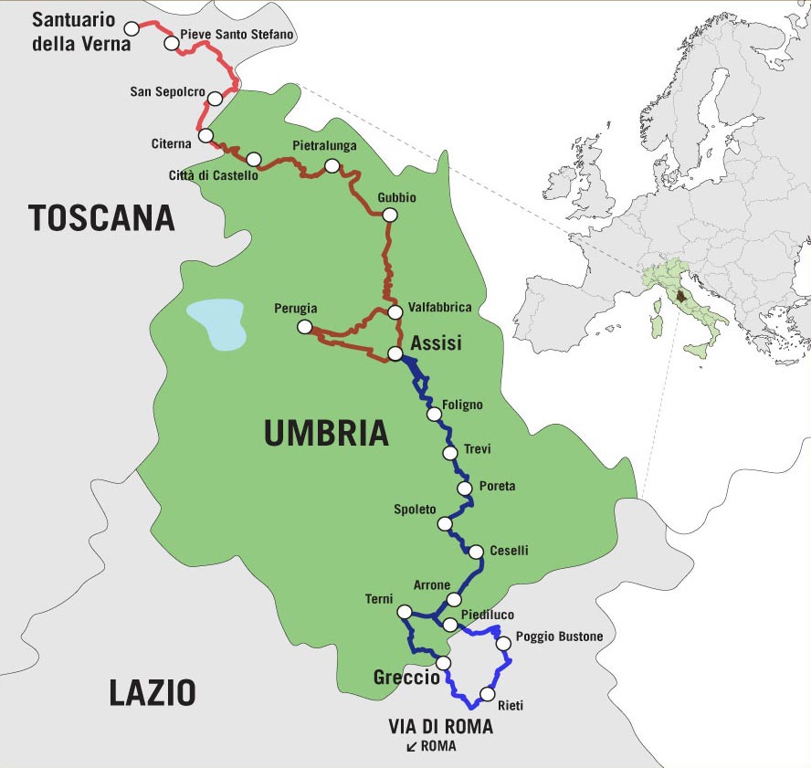 immagine cartina geografica Umbria, itinerario La Verna - Assisi