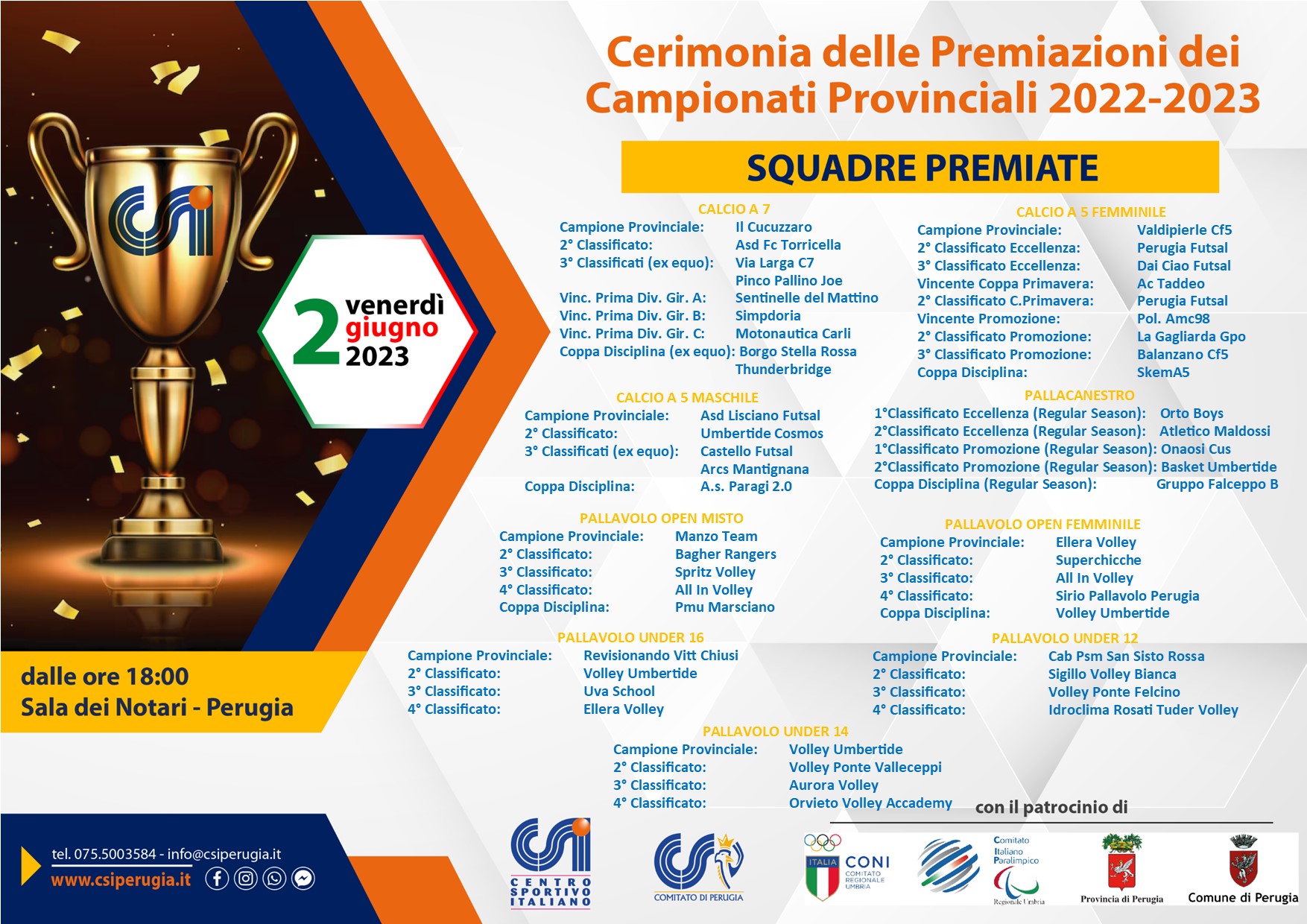 Immagine locandina cerimonia di premiazione per tutte le squadre e le società del CSI