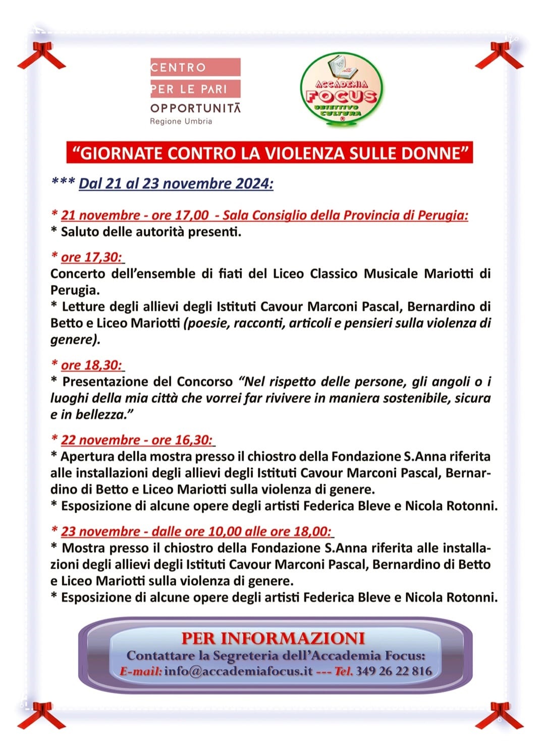 locandina “Giornate contro la violenza sulle donne” dell'Accademia Focus