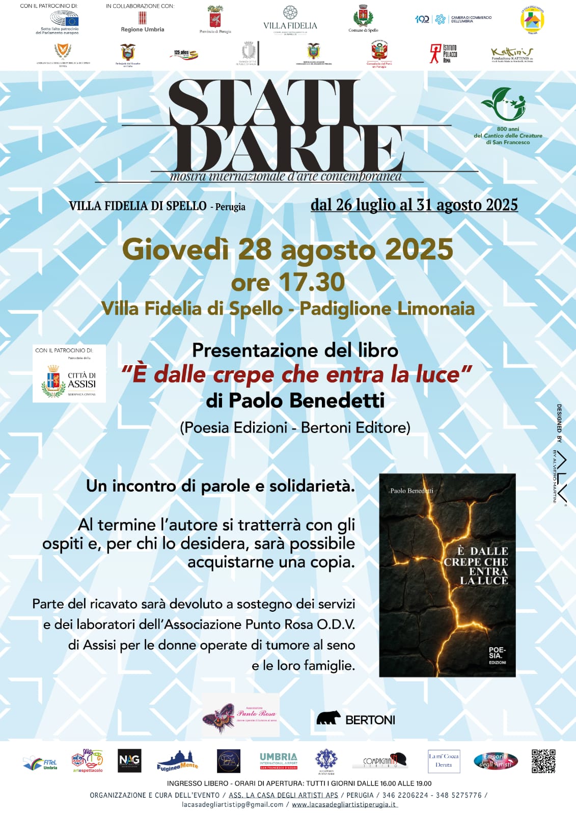 Mostre e solidarietà – A Villa Fidelia di Spello la presentazione del libro “È dalle crepe che entra la luce” di Paolo Benedetti