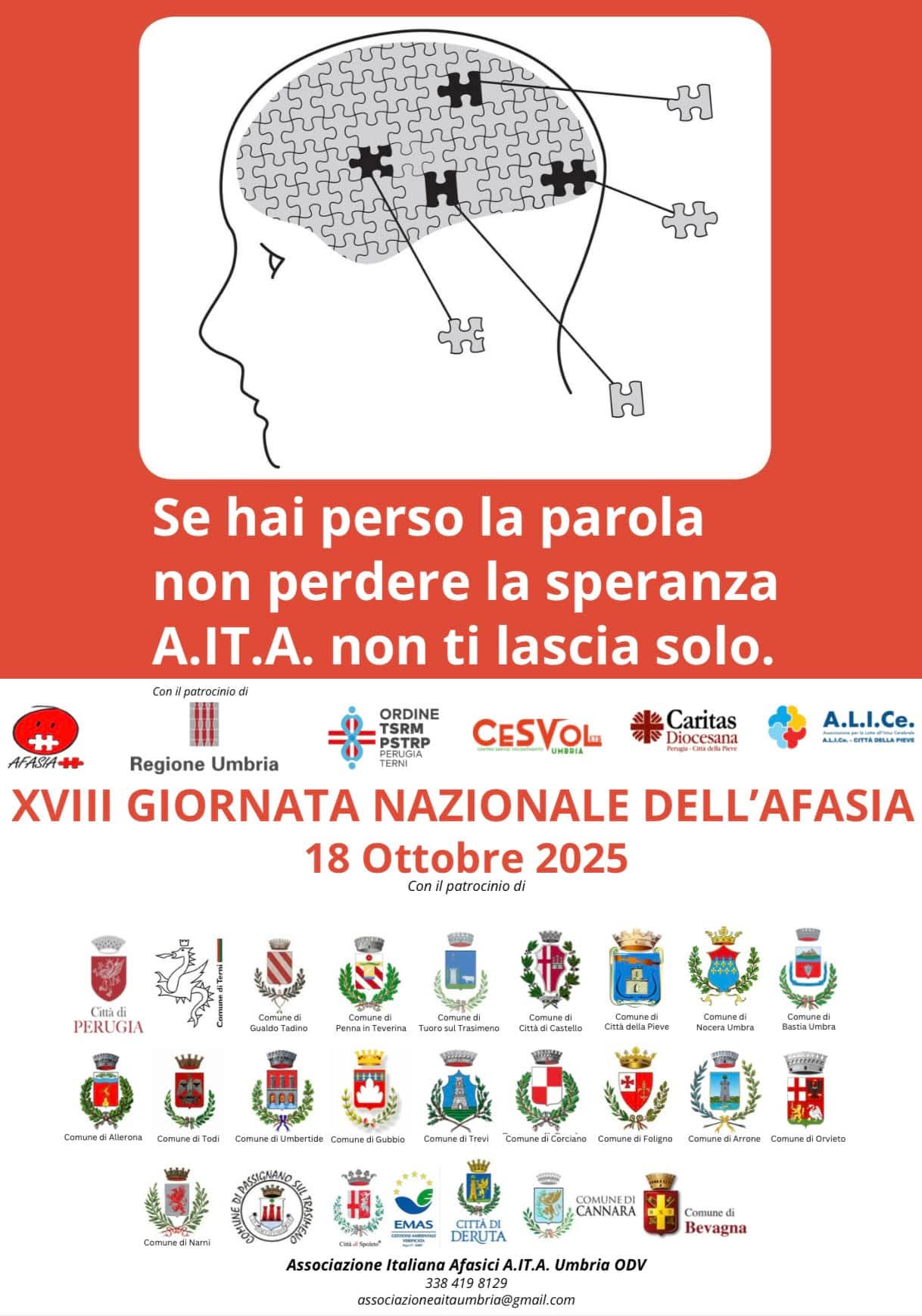 Giornata Afasia – In Umbria il 18 ottobre gli edifici pubblici di molti comuni si illuminano di rosso