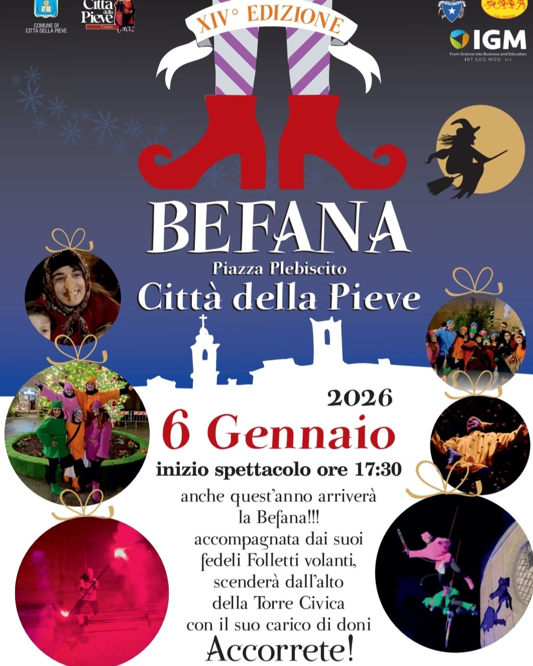 Città della Pieve – Torna lo spettacolare volo della Befana “sui tetti della città” Città della Pieve – Torna lo spettacolare volo della Befana “sui tetti della città”