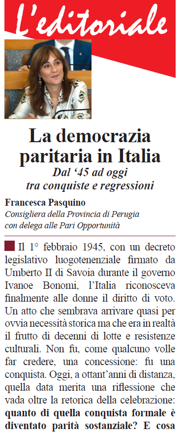 Estratto di Infodonna con foto di Francesca Pasquino, Consigliera della Provincia di Perugia