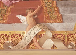 FOTO 15: Soffitto Sala dei Ricevimenti (residenza Prefettizia), “Arazzo dei Pittori, putto con cartiglio”, Domenico Bruschi, 1874.