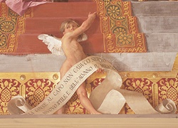 FOTO 15: Soffitto Sala dei Ricevimenti (residenza Prefettizia), “Arazzo dei Pittori, putto con cartiglio”, Domenico Bruschi,                      1874.